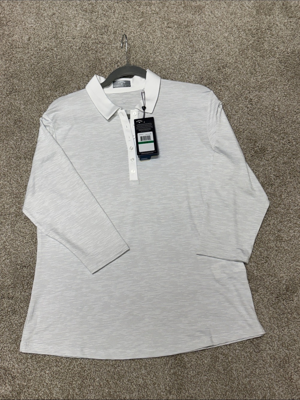 NWT Callaway Women’s White Thin-Striped Long Sleeve Polo